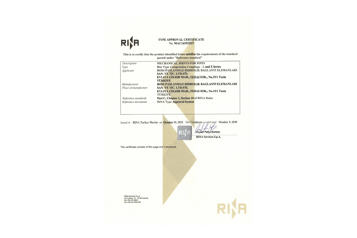 RINA MAC163525XT boru bağlantı elemanları tip onay belgesi — belge kapağının tam önizlemesi